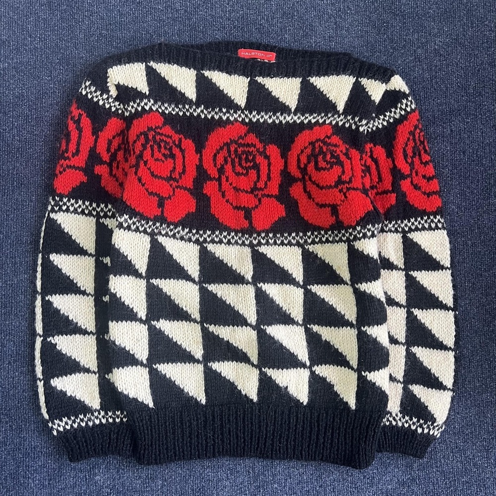 Vintage Halston II Sweater Womens Small Black Rose Wool Chunky Knit Pullover